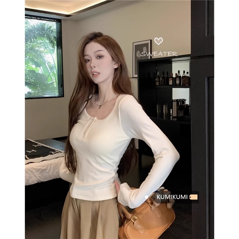 螺紋德絨~小眾U領長袖t恤女冬季加厚磨毛保暖打底衫內搭短款上衣