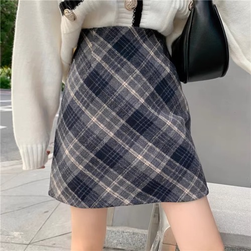 Large size retro plaid woolen skirt autumn and winter new hip-covering A-line skirt fat mm high waist slim short skirt for women