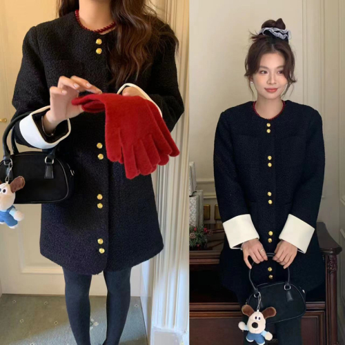 Actual shot ~ Western-style woolen Xiaoxiang mid-length coat, palace style, contrasting color, curled edges and cotton top, Korean style for women