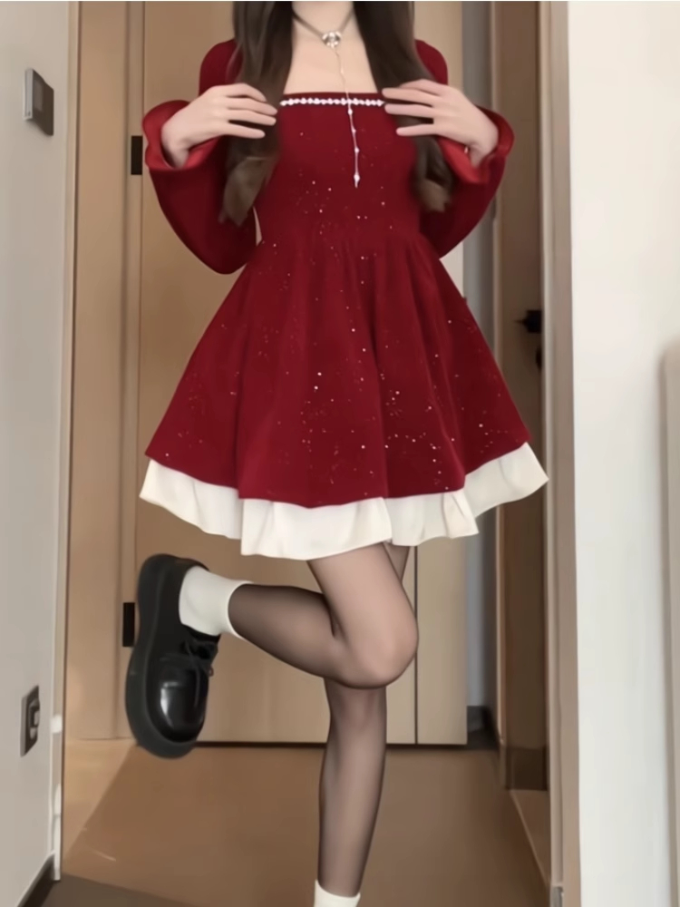 聖誕裙2023秋冬新款收腰顯瘦方領設計感雙層連衣裙女喪喪