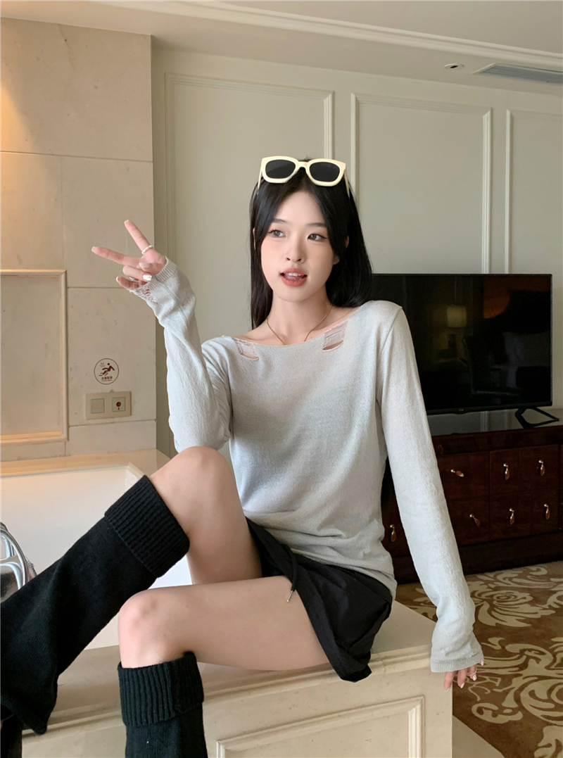 實拍 薄款破洞長袖修身露肩上衣女慵懶風防曬罩衫針織衫