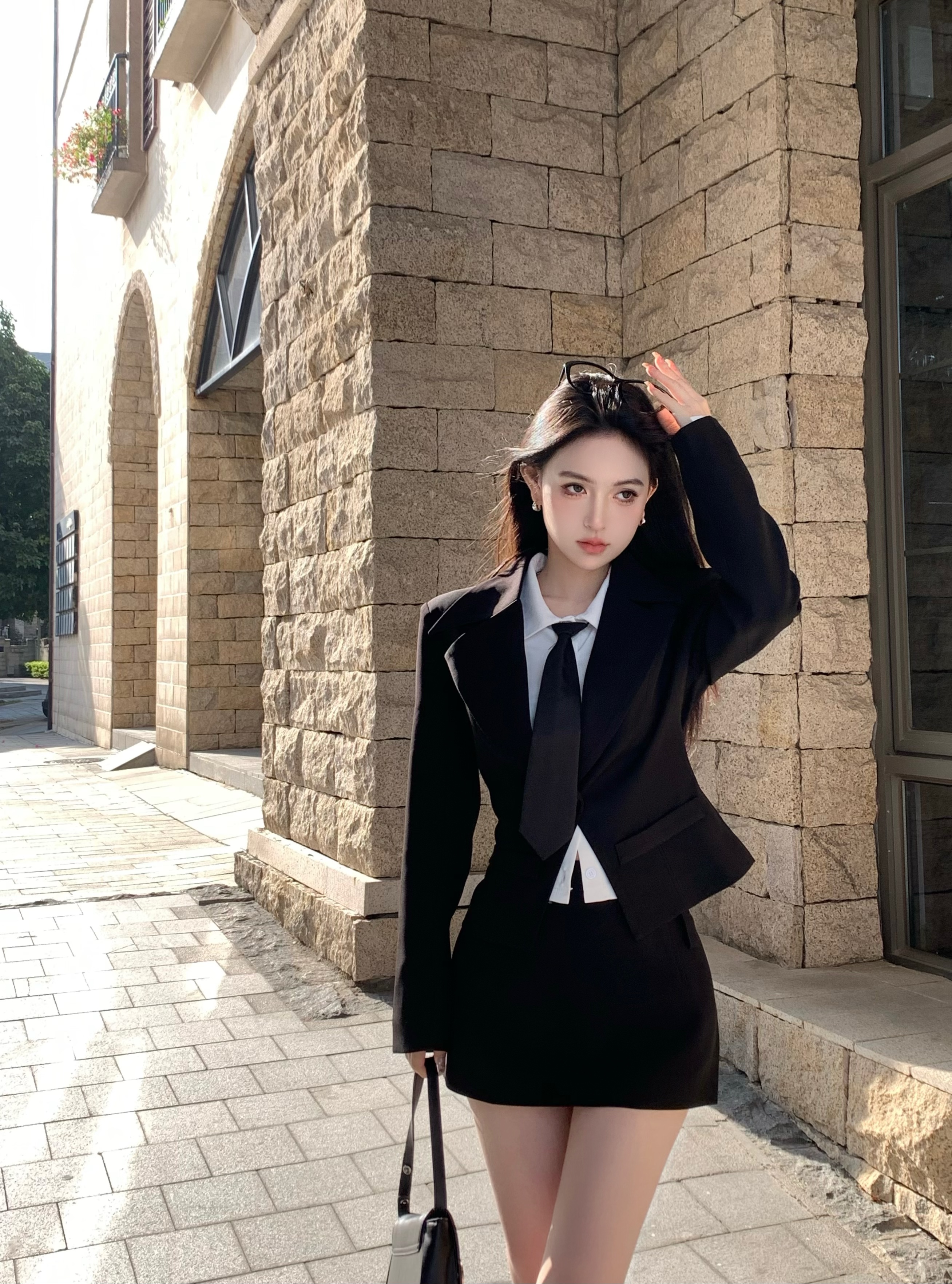 實拍 美式收腰黑色復古西裝套裝短襯衫修身半身裙三件套