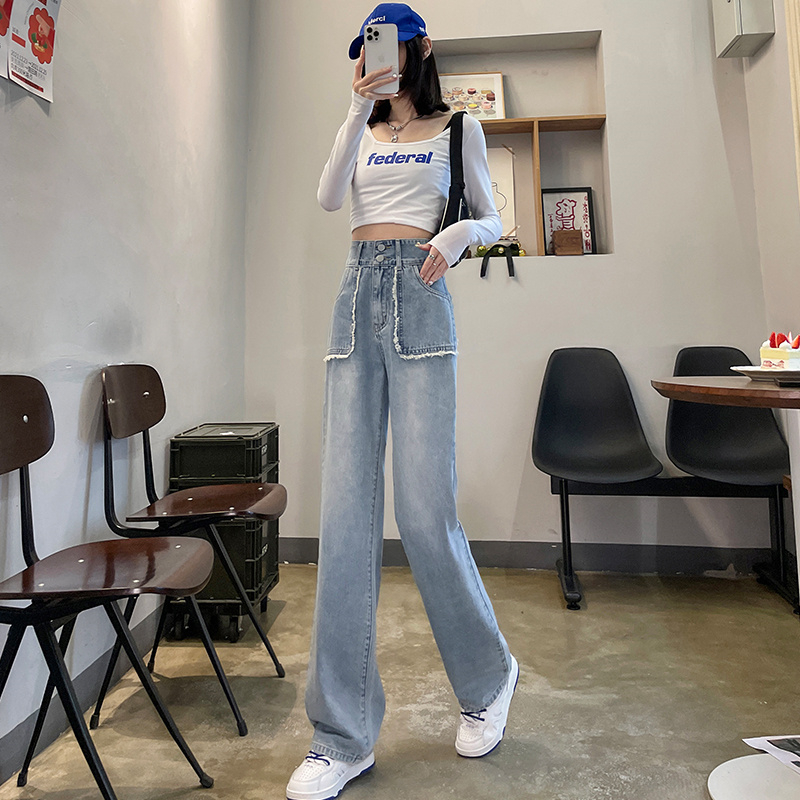 淺藍色闊腿牛仔褲女超高腰寬鬆梨型身材顯瘦小個子加絨九分直筒褲
