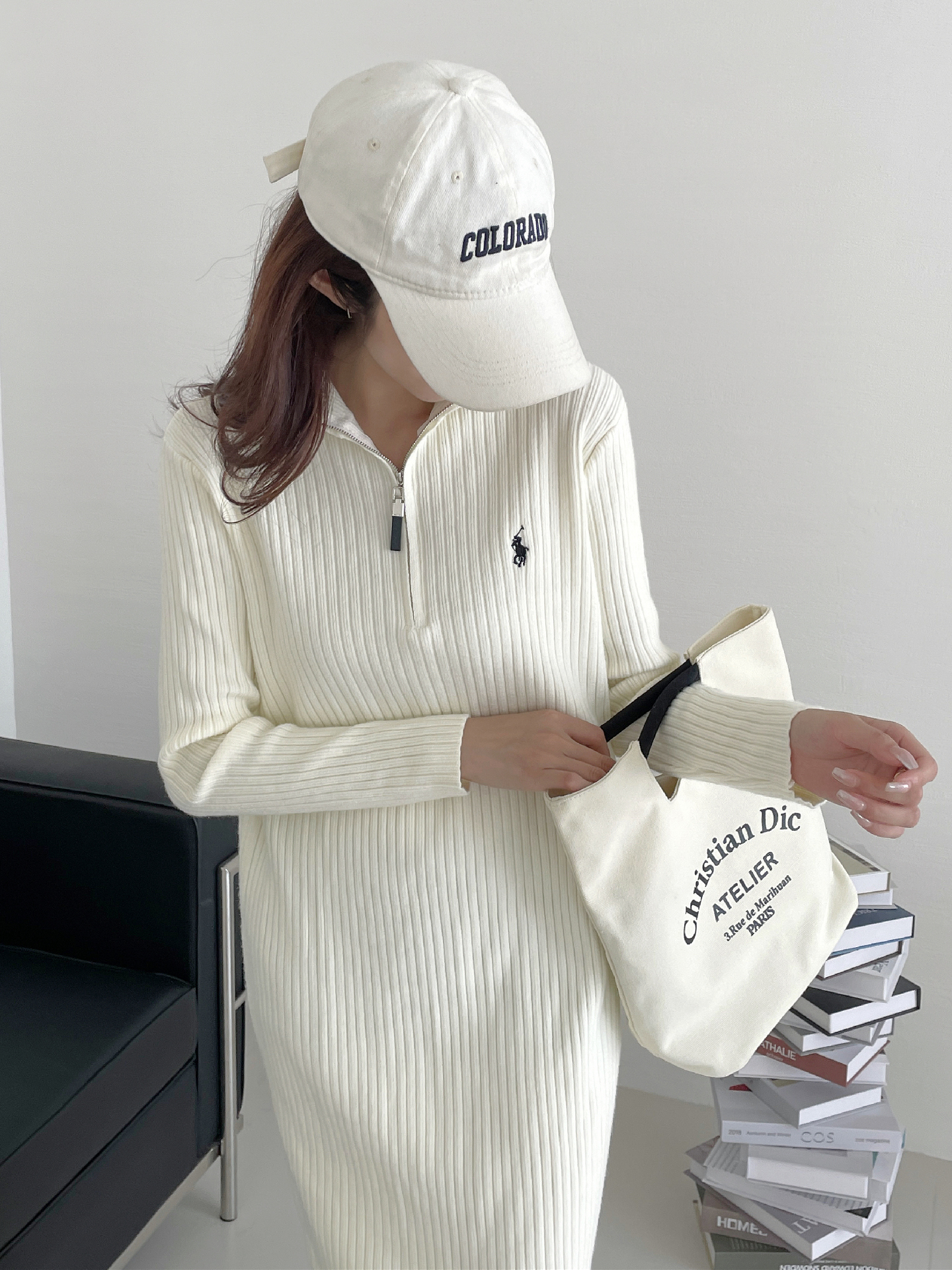 配大衣半高領拉鏈針織連衣裙子女秋冬2023新款高級感內搭打底長裙