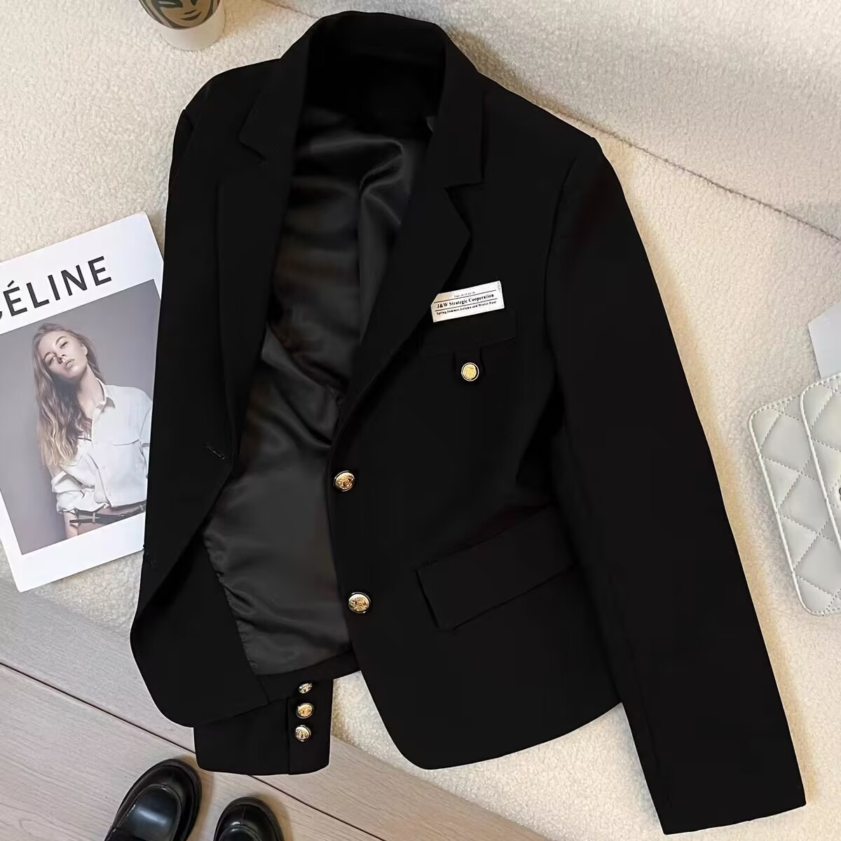 Black short blazer for small women 2023 autumn new design college style casual street suit