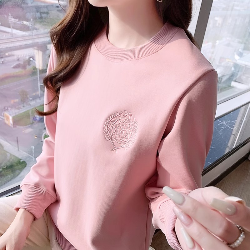 原版做工2023秋冬圓領加絨正肩衛衣女白色休閒套頭打底衫上衣