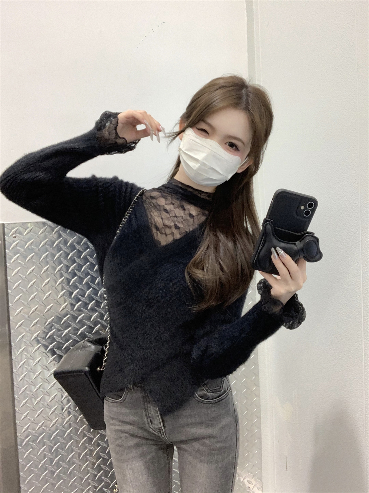 實拍 秋冬韓版修身性感蕾絲拼接設計感仿水貂毛針織打底毛衣