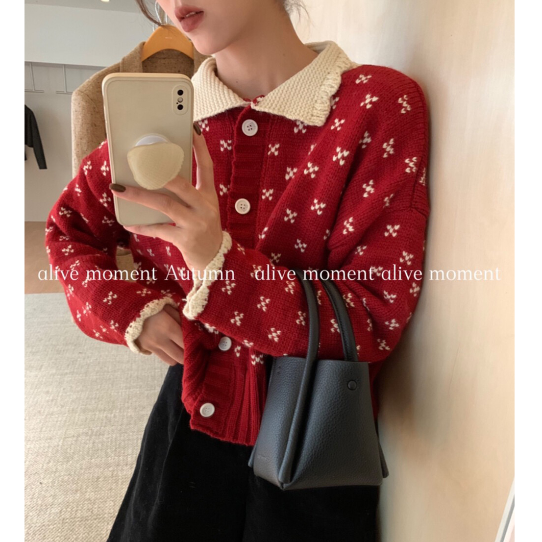 小個子紅色新年甜美鈎花毛衣外套溫柔風女娃娃領花邊短款針織開衫