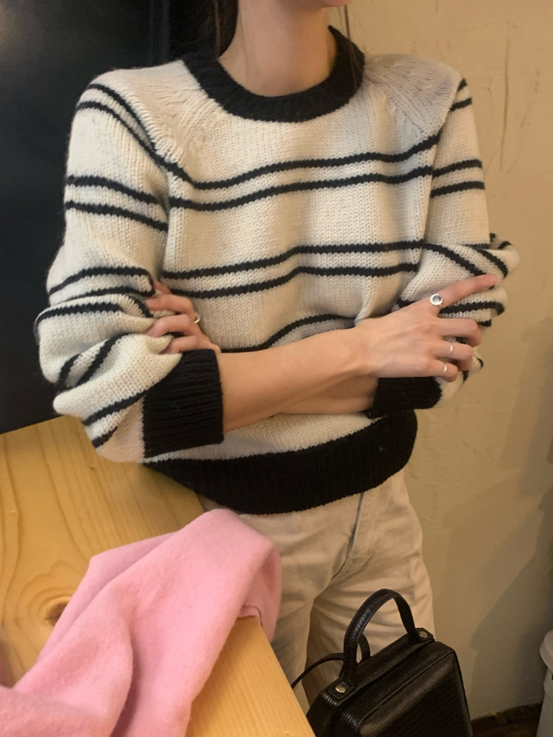 INS博主款！簡約休閒寬鬆條紋復古文藝范長袖毛衣外套女