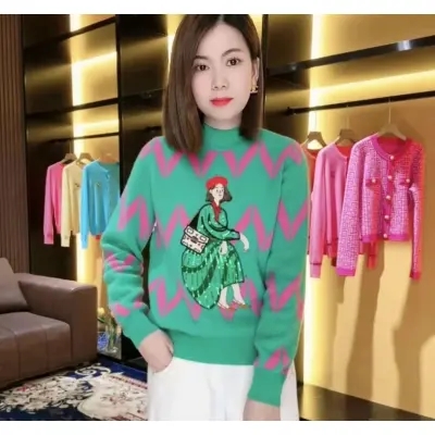 撞色重工小女孩刺繡亮片秋冬新款百搭圓領套頭顯瘦羊毛上衣S09265