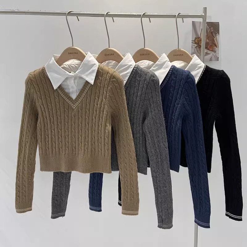 2023 new autumn Korean college style age-reducing shirt lapel stitching twist fake two-piece sweater top for women