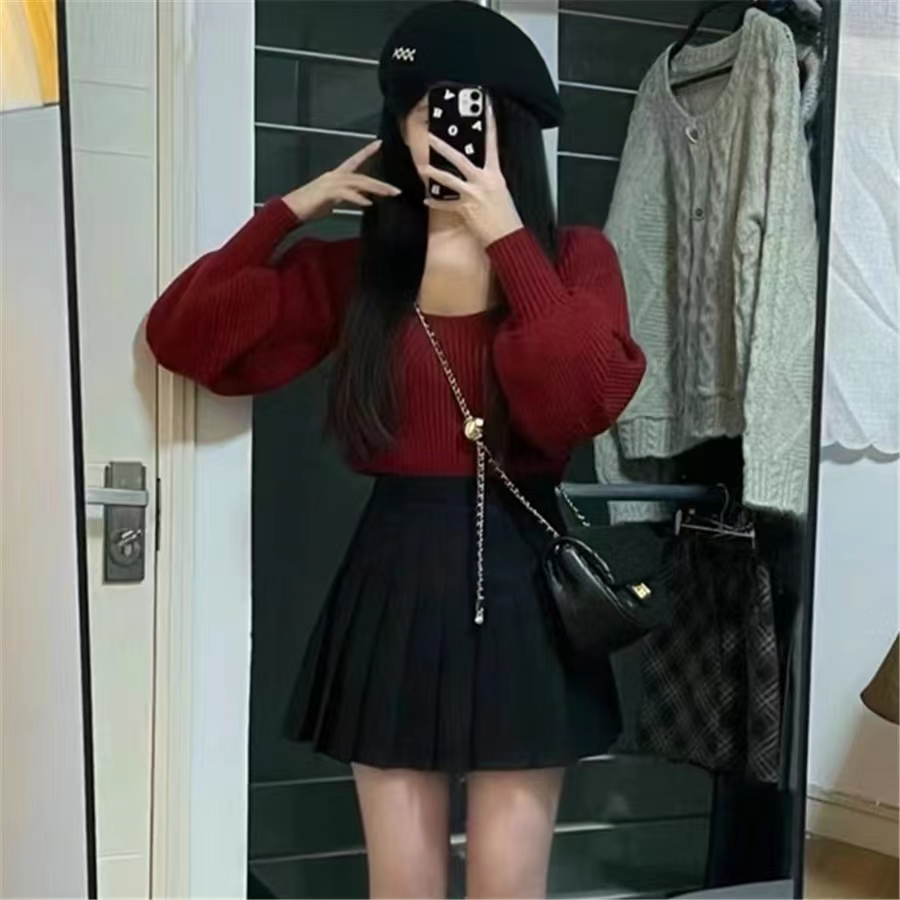 聖誕紅色短款毛衣黑色百褶裙兩件套洋氣時髦淑女氣質穿搭兩件套