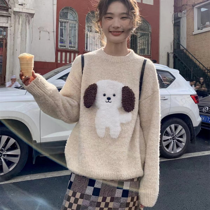 Plush thickened cute round neck lazy style sweater for women 2023 new loose lazy little knitted sweater top