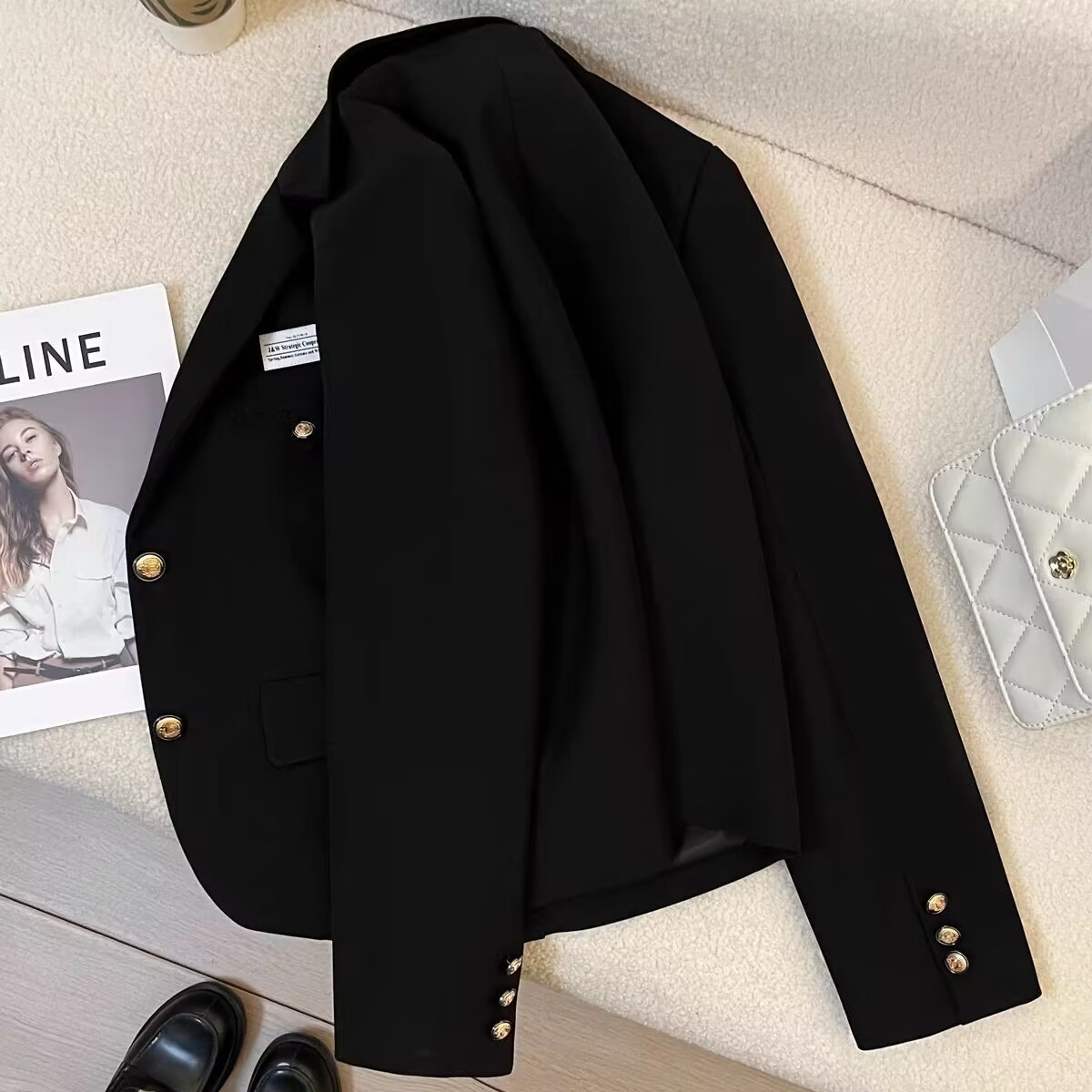 Black short blazer for small women 2023 autumn new design college style casual street suit