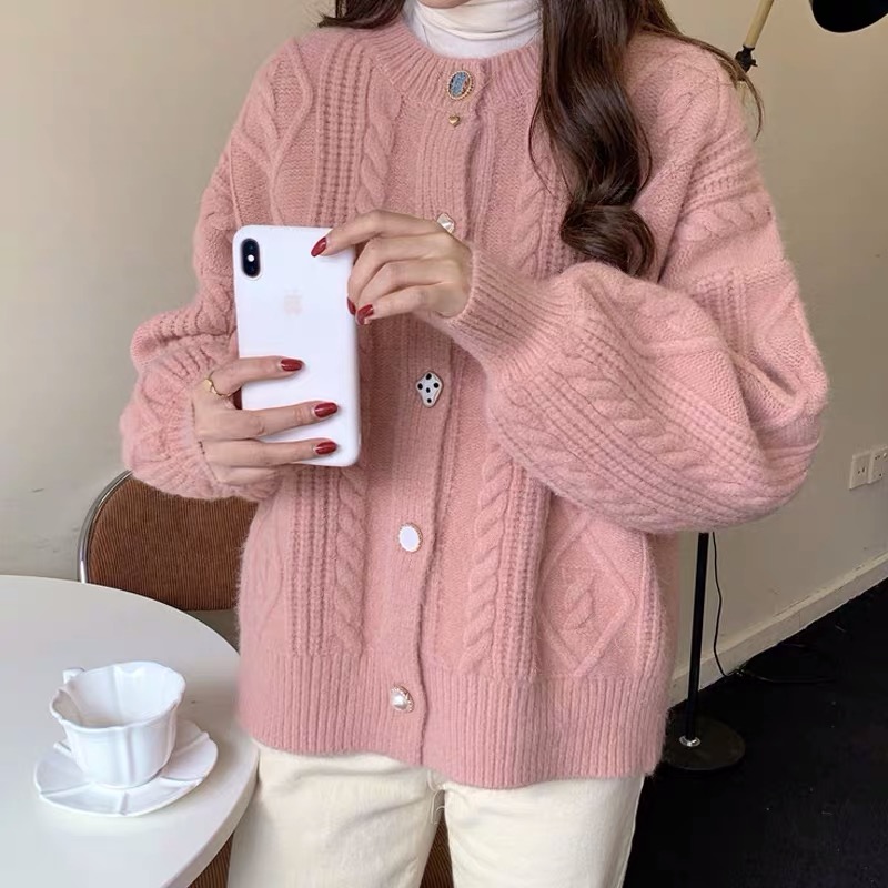 法式復古麻花毛衣外套女秋冬橘色燈籠袖寬鬆慵懶風針織開衫上衣潮