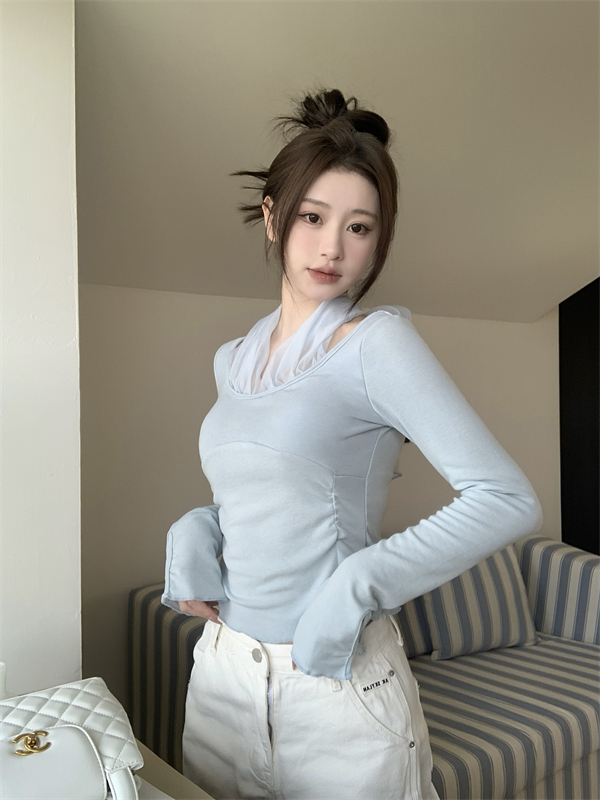 實拍 新款設計感繫繩掛脖清新藍色T恤打底衫長袖內搭上衣