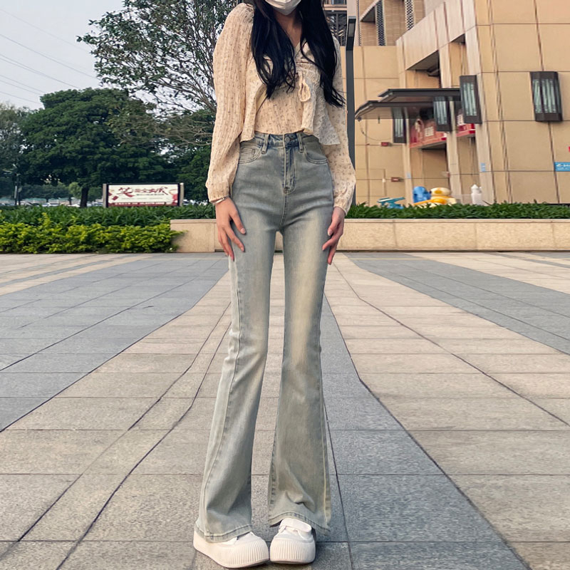 淺色懷舊高腰微喇牛仔褲女春秋款美式修身彈力喇叭百搭馬蹄長褲子