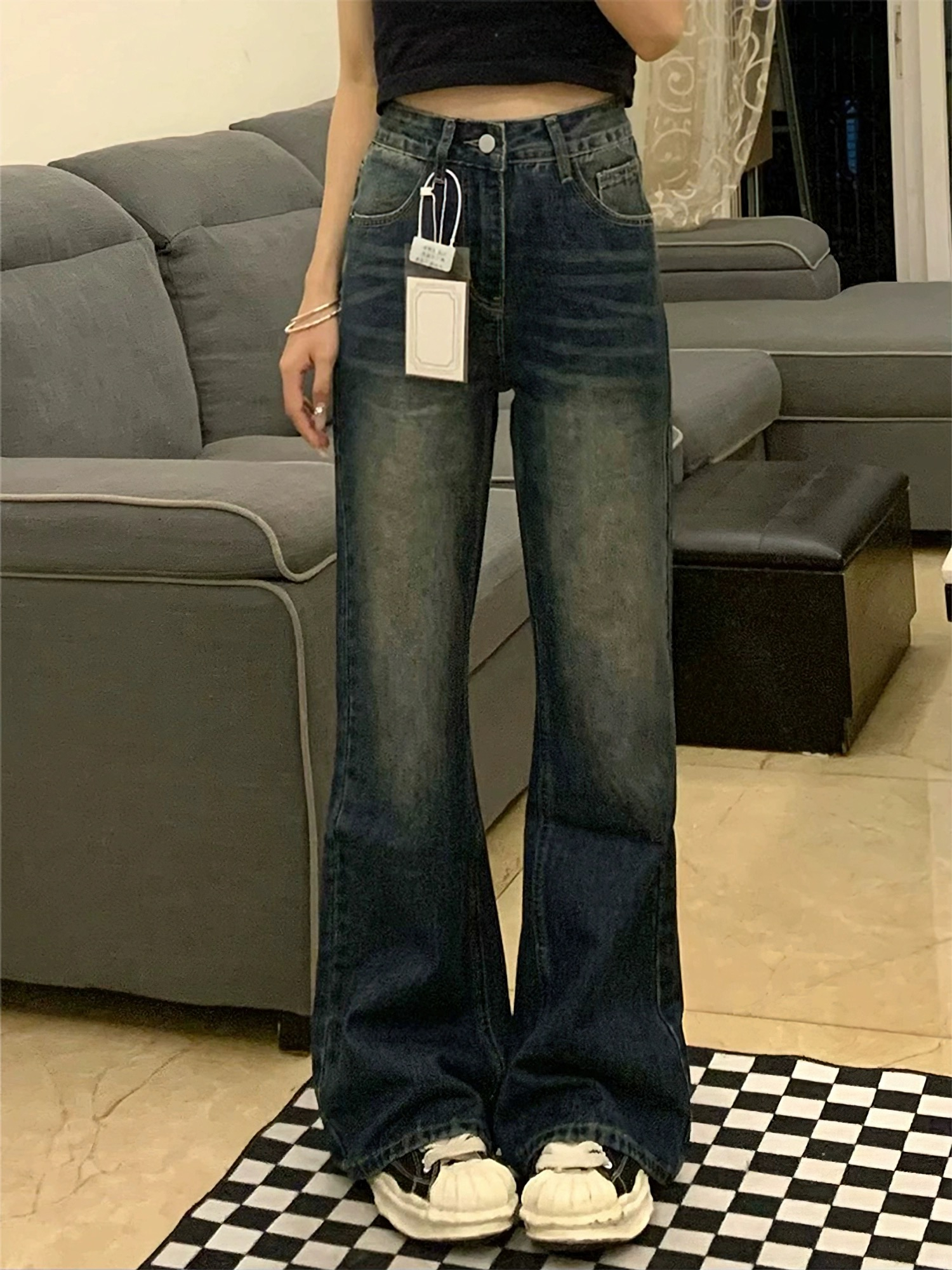 美式復古微喇牛仔褲女梨型身材不貼腿直筒大碼胖mm高腰顯瘦闊腿褲