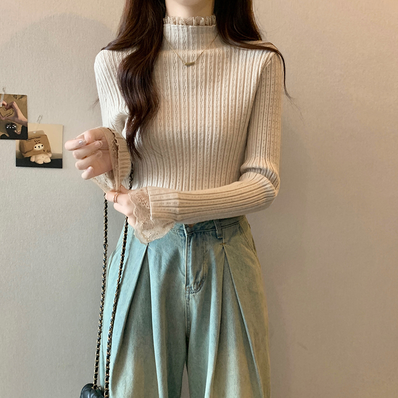 實拍高級感半高領拼接蕾絲花邊針織打底衫女秋冬毛衣氣質上衣