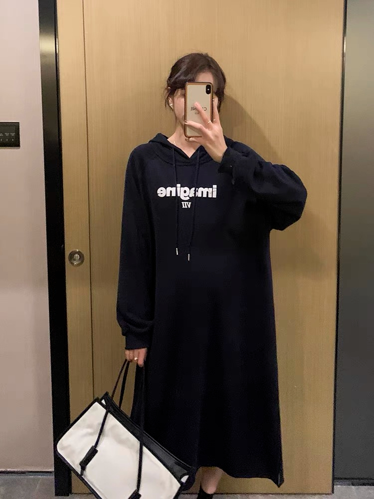 250克大衛衣雙層帽 冬季韓版個性圓領印花慵懶風衛衣裙女