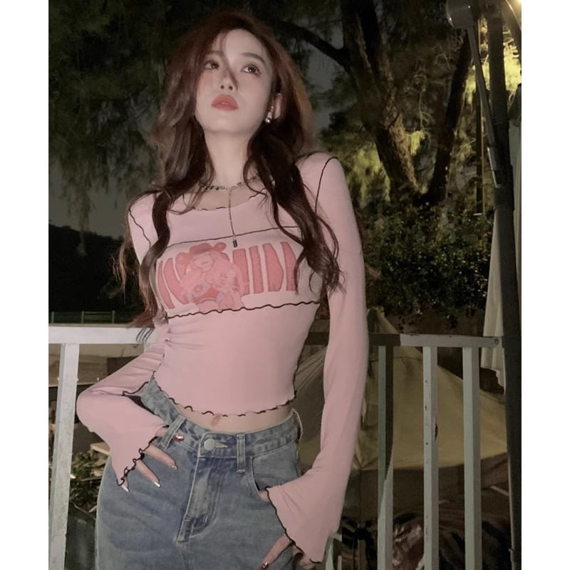美式辣妹粉色長袖T恤女早秋設計感小眾修身短款體恤收腰緊身上衣