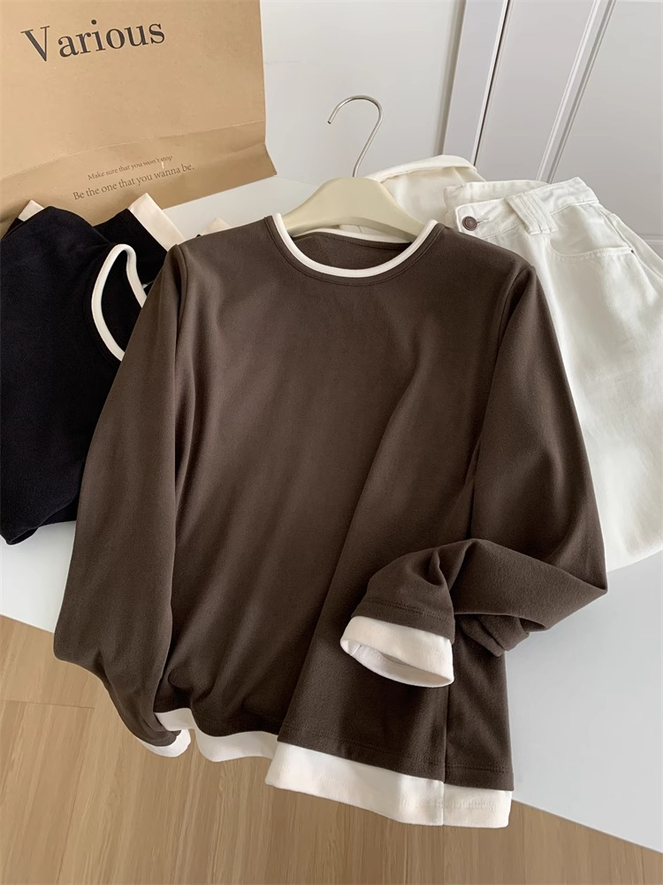 Official picture of fake two-piece T-shirt women's double-sided brushed German velvet round neck bottoming shirt autumn and winter