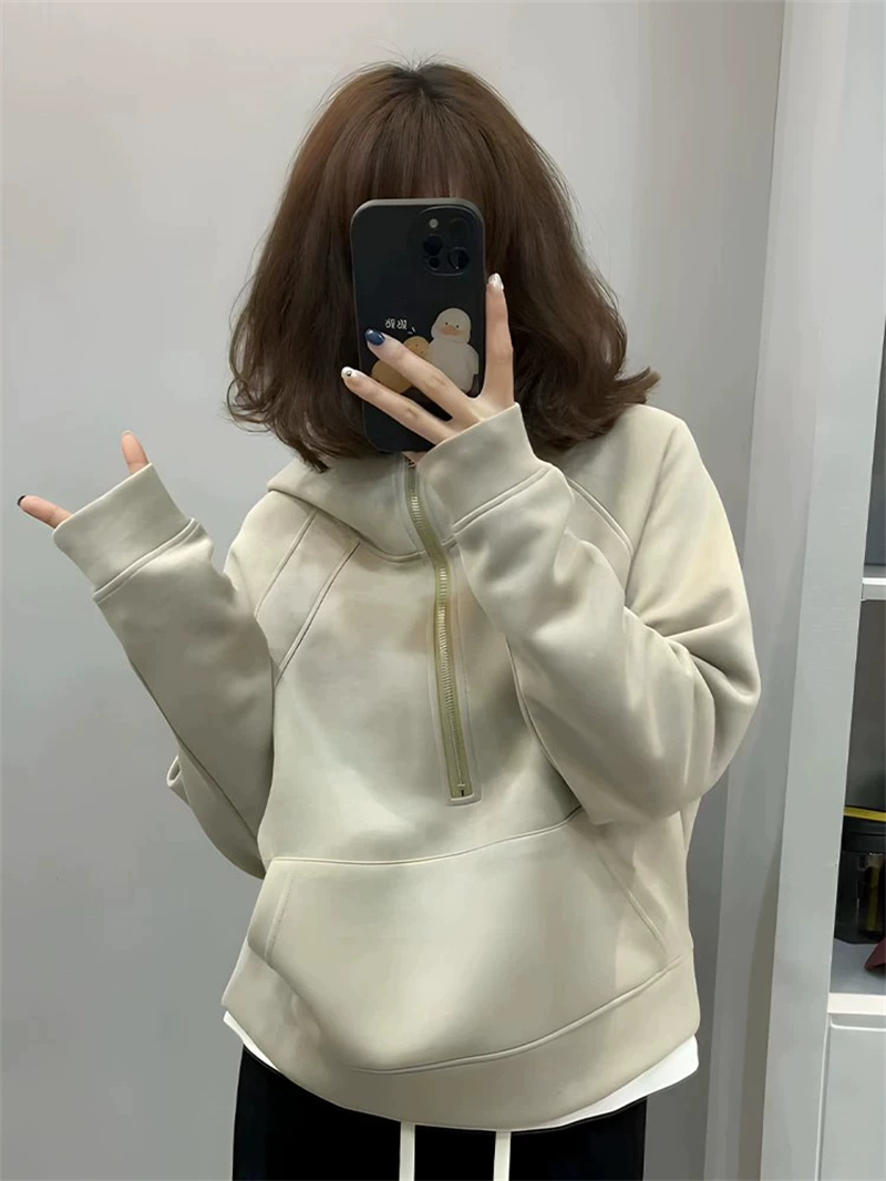 加絨加厚半拉鏈連帽衛衣女2023秋冬新款寬鬆小個子慵懶風上衣