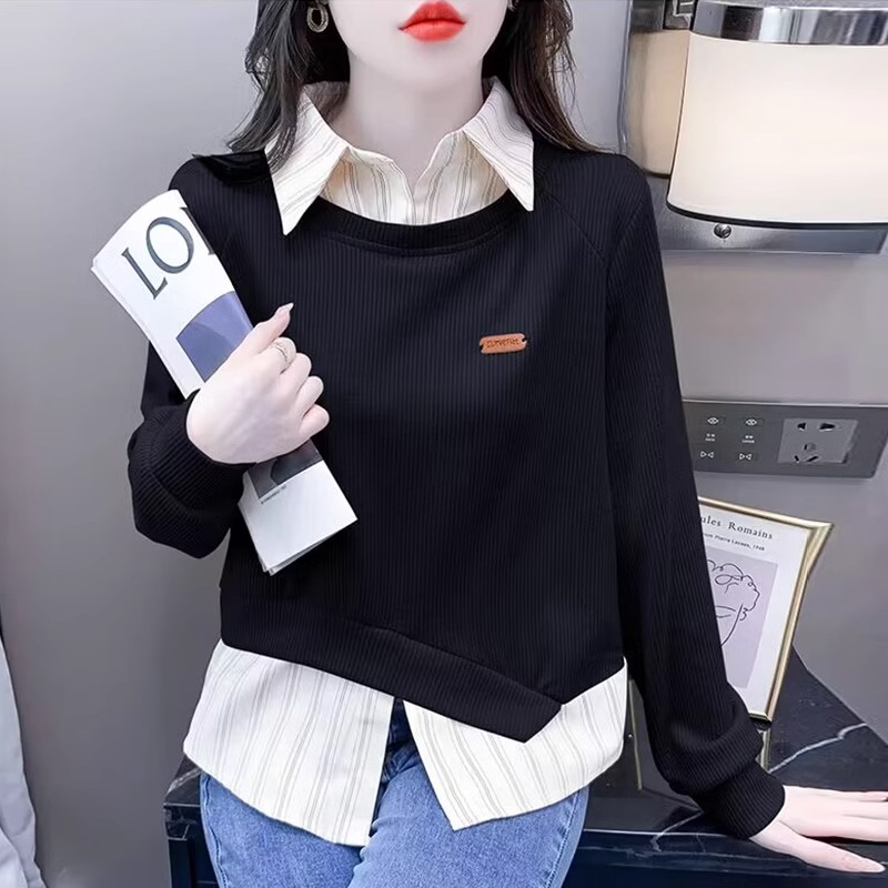 原版做工假兩件拼接衛衣女秋冬2023新時尚寬鬆顯瘦polo領上衣