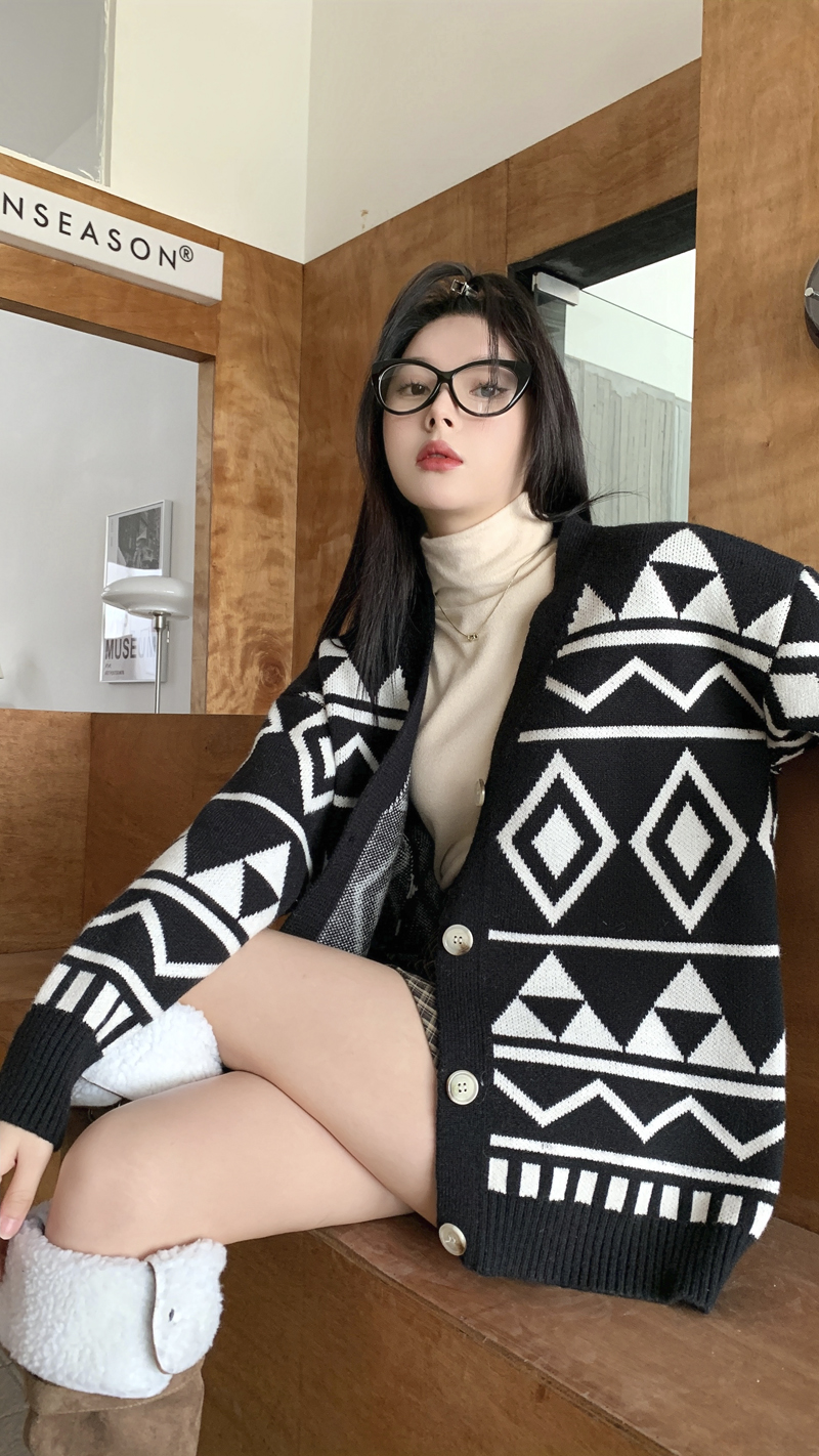 實拍~三標齊~慵懶風復古撞色軟糯長款針織開衫外套上衣