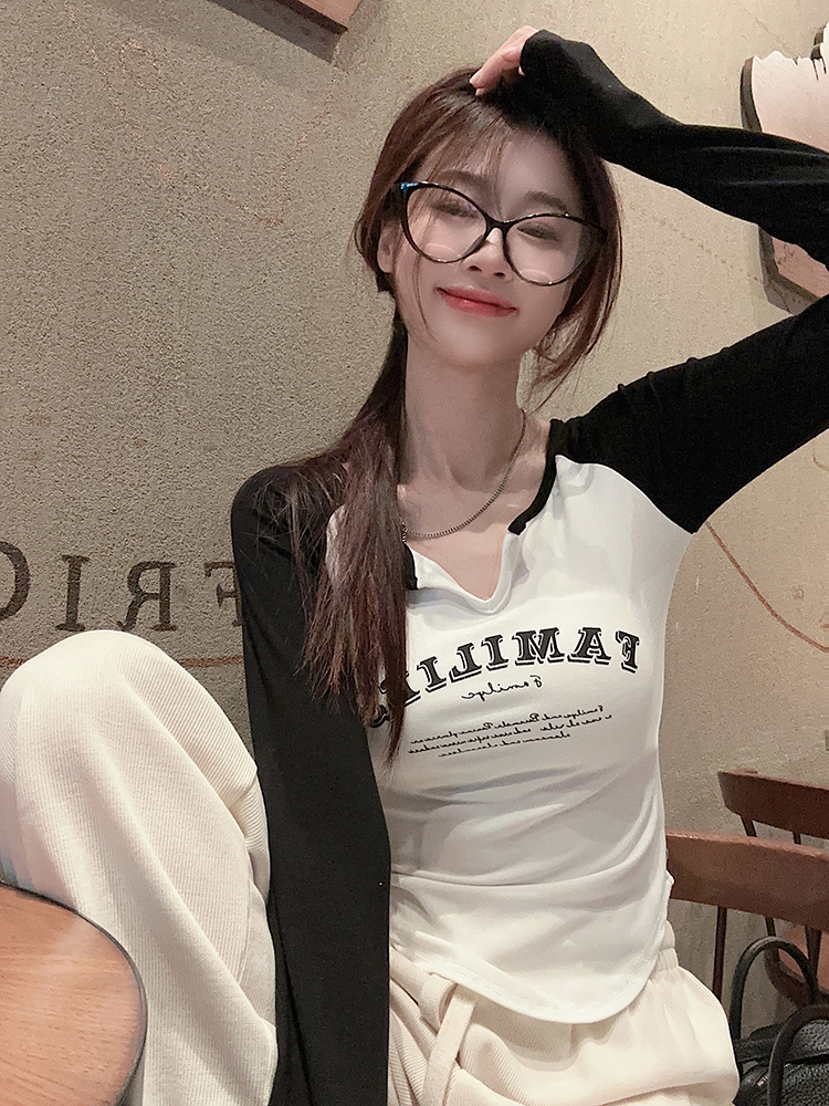 實拍~印花修身顯瘦百搭牛角長袖T恤衫春秋