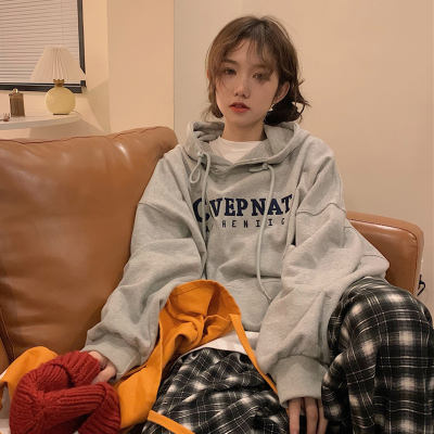灰色連帽衛衣女小個子oversize寬鬆字母印花秋季長袖外套別致上衣