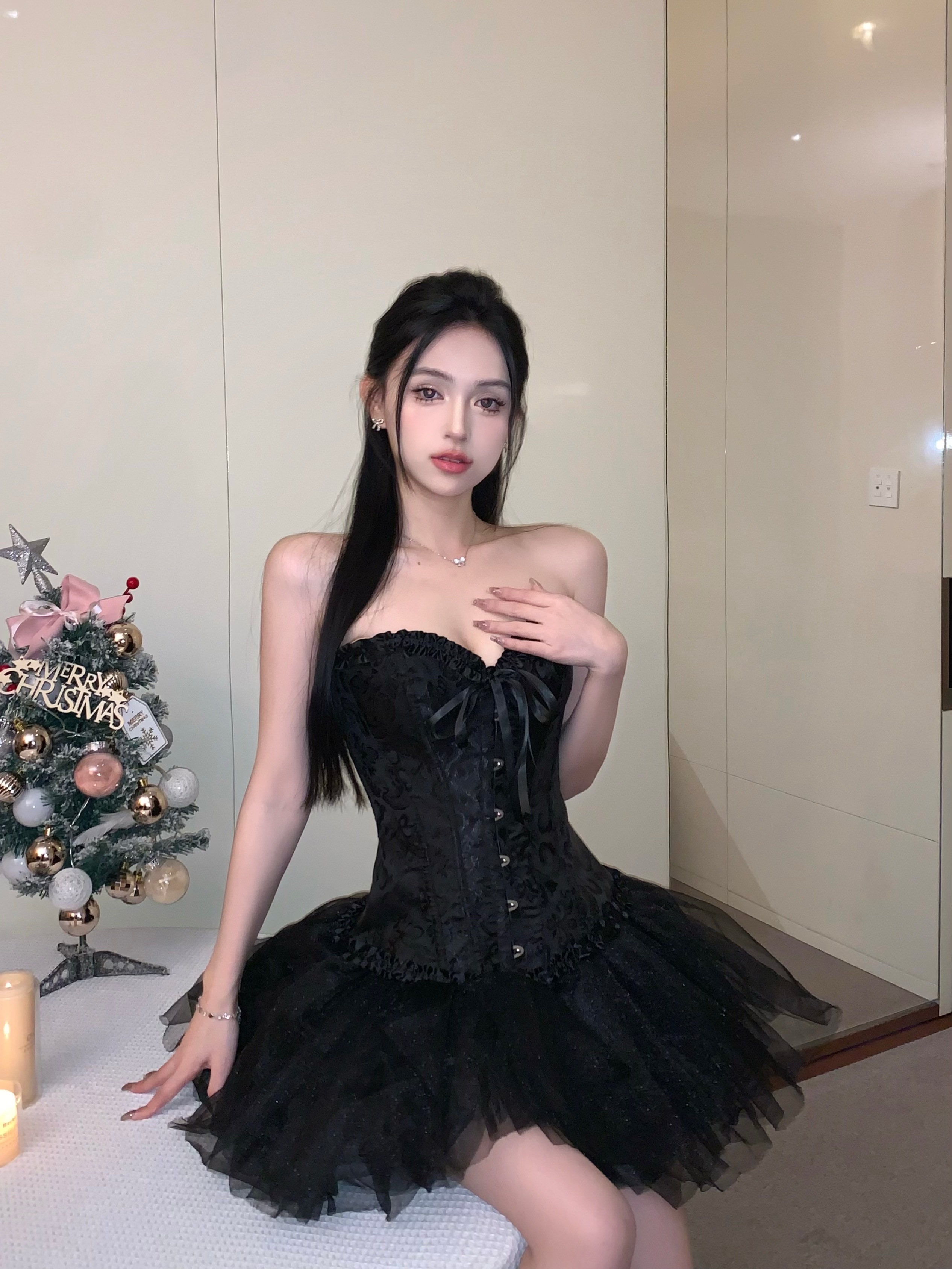 Real shot of Pure Desire Fishbone Bra, Palace Style Sexy Tube Top, High Waist Puff Skirt Two Piece Set