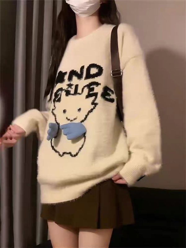 韓系小眾奶fufu立體裝飾字母提花套頭毛衣學生秋冬寬鬆百搭針織衫