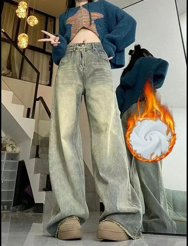 加絨美式黃泥色牛仔褲女秋冬高腰寬鬆顯瘦直筒毛邊垂感復古闊腿褲