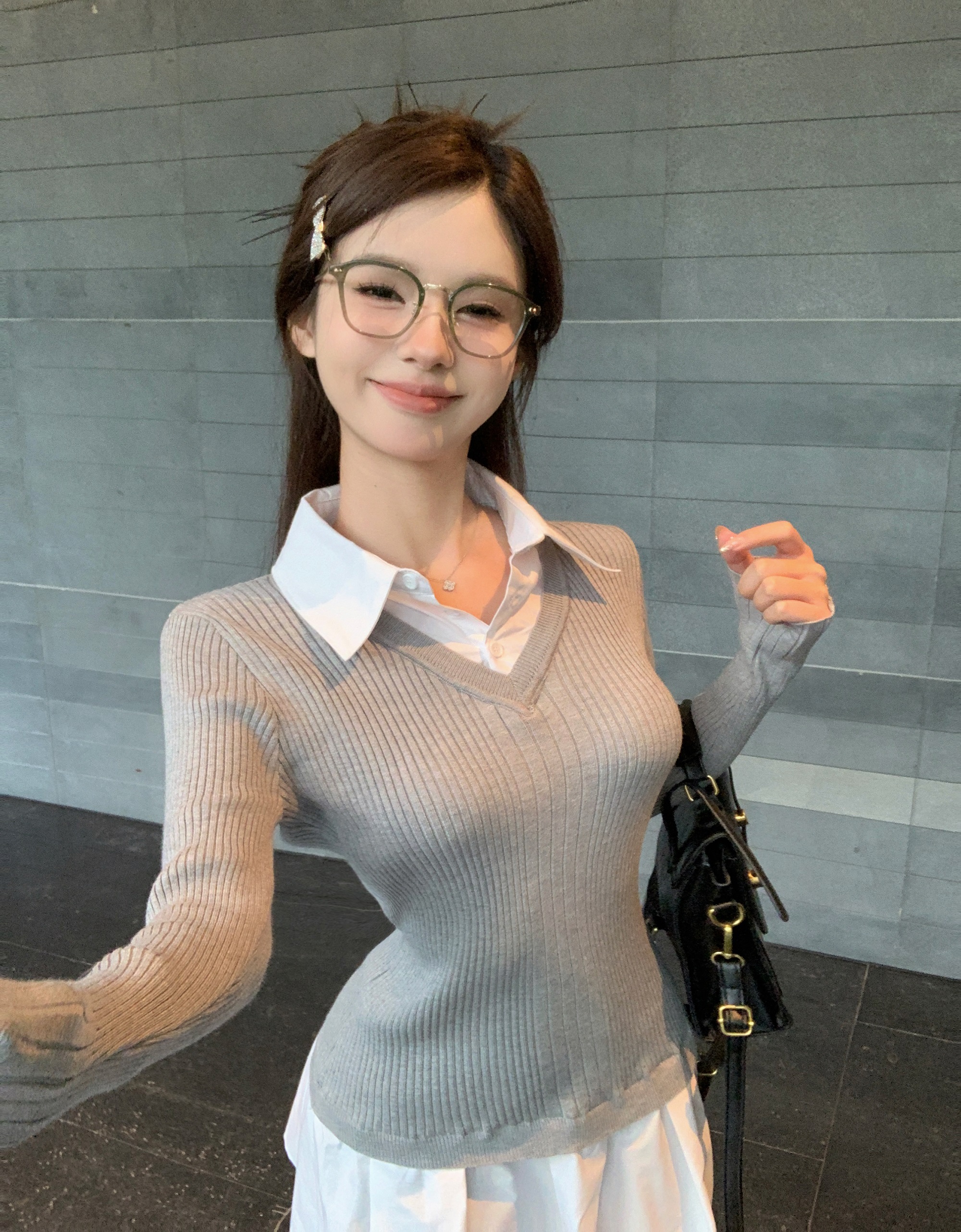 實拍~設計感假兩件拼接Polo領連衣裙女冬季收腰A字裙百褶短裙