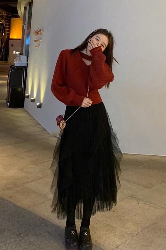 深秋冬女裝茶系穿搭鹽系輕熟高級感韓劇奶乖裙子兩件套裝