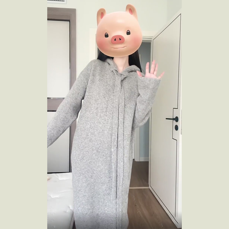 法式連帽針織毛衣連衣裙女2023新款秋冬季小個子大衣內搭打底長裙