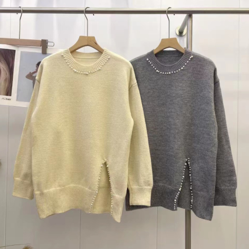 French style lazy style loose pullover pearl sweater winter new versatile slit sweater top