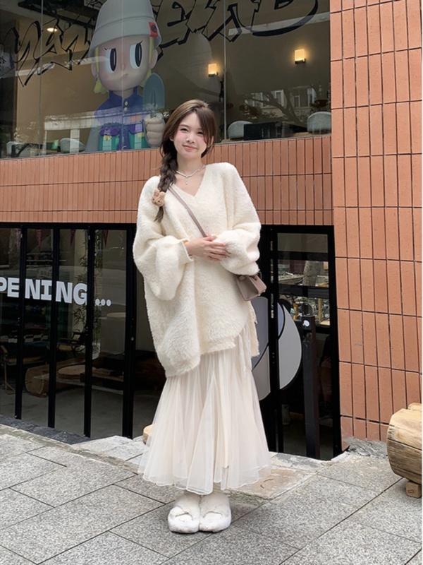 水貂絨溫柔風流蘇長袖針織毛衣網紗半身裙女秋冬2023新款時尚套裝