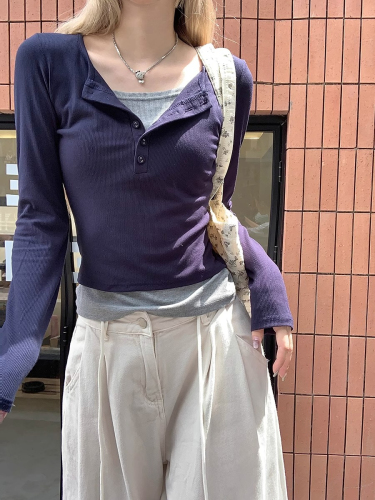 kumikumi假两件拼接长袖T恤上衣女秋季