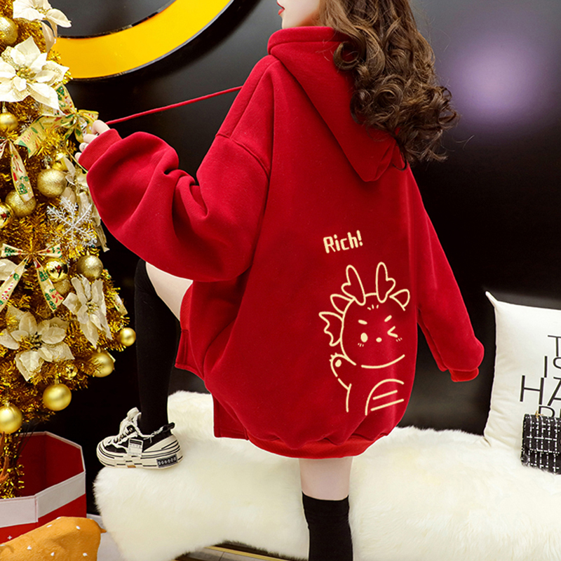 6535 Composite Super Soft Dragon Year 2024 Super Hot Printed Hooded Slit Long Sleeve Sweater for Women