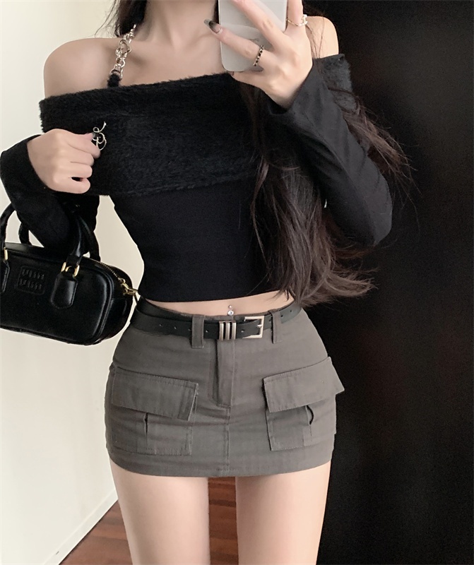實拍 新品純色工裝休閒半身裙甜辣風防走光a字短裙女