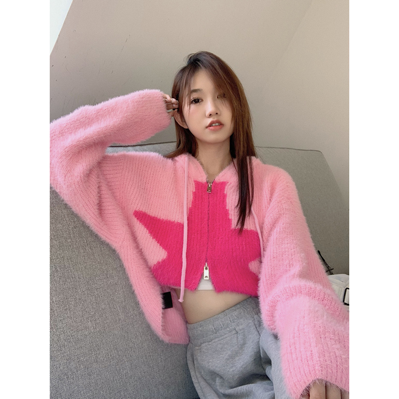 設計感慵懶風連帽毛衣外套女裝秋冬2023新款純欲短款寬鬆長袖開衫