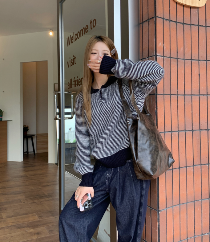 實拍！文藝范復古娃娃領條紋毛衣慵懶風百搭加厚針織上衣女