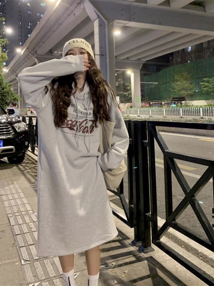 250克大衛衣雙層帽 冬季韓版慵懶風甜美印花開叉衛衣裙女
