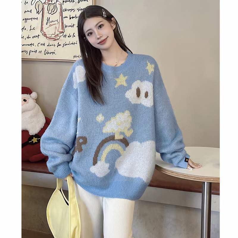 Long-sleeved top, versatile and fashionable, round neck, sweet Korean style