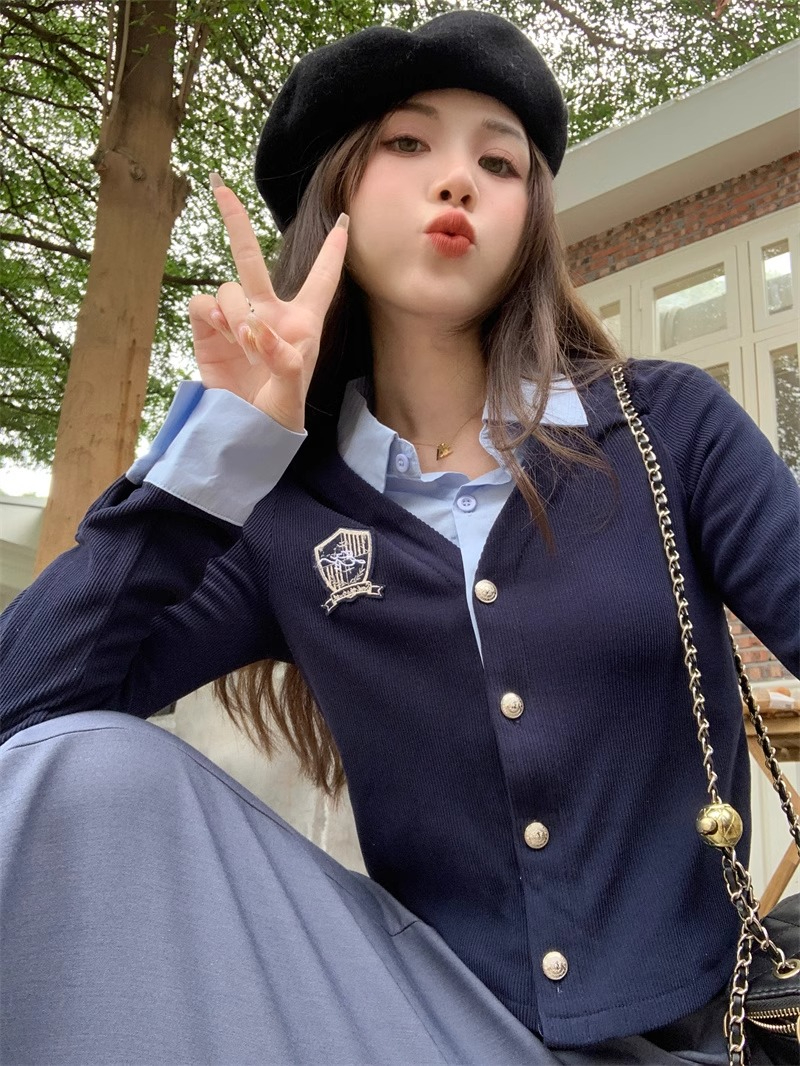 假兩件polo領襯衫女秋季2023新款學院風修身顯瘦短款疊穿開衫上衣