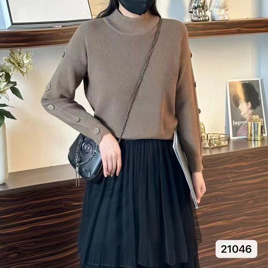 2023秋冬新款韓版半高領純色排扣袖百搭長袖上衣女