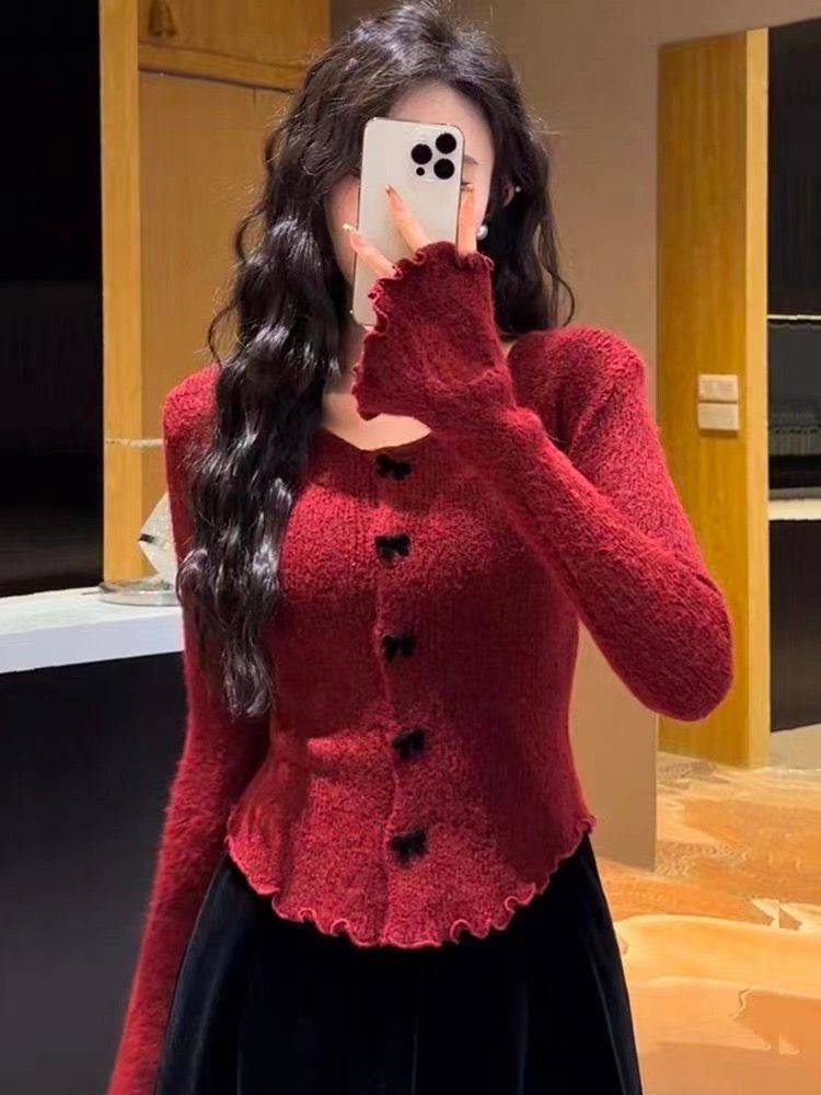 法式復古聖誕蝴蝶結打底衫女秋冬內搭小眾過年辣妹修身上衣女