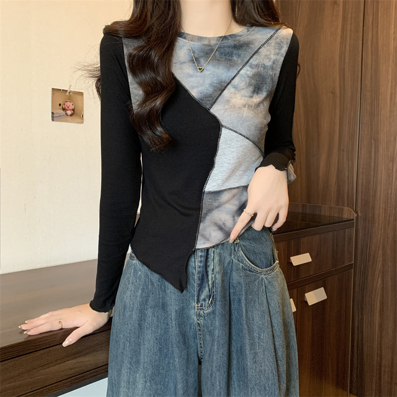實拍 長袖t恤女設計感小眾早春女新款洋氣打底衫修身短款上衣